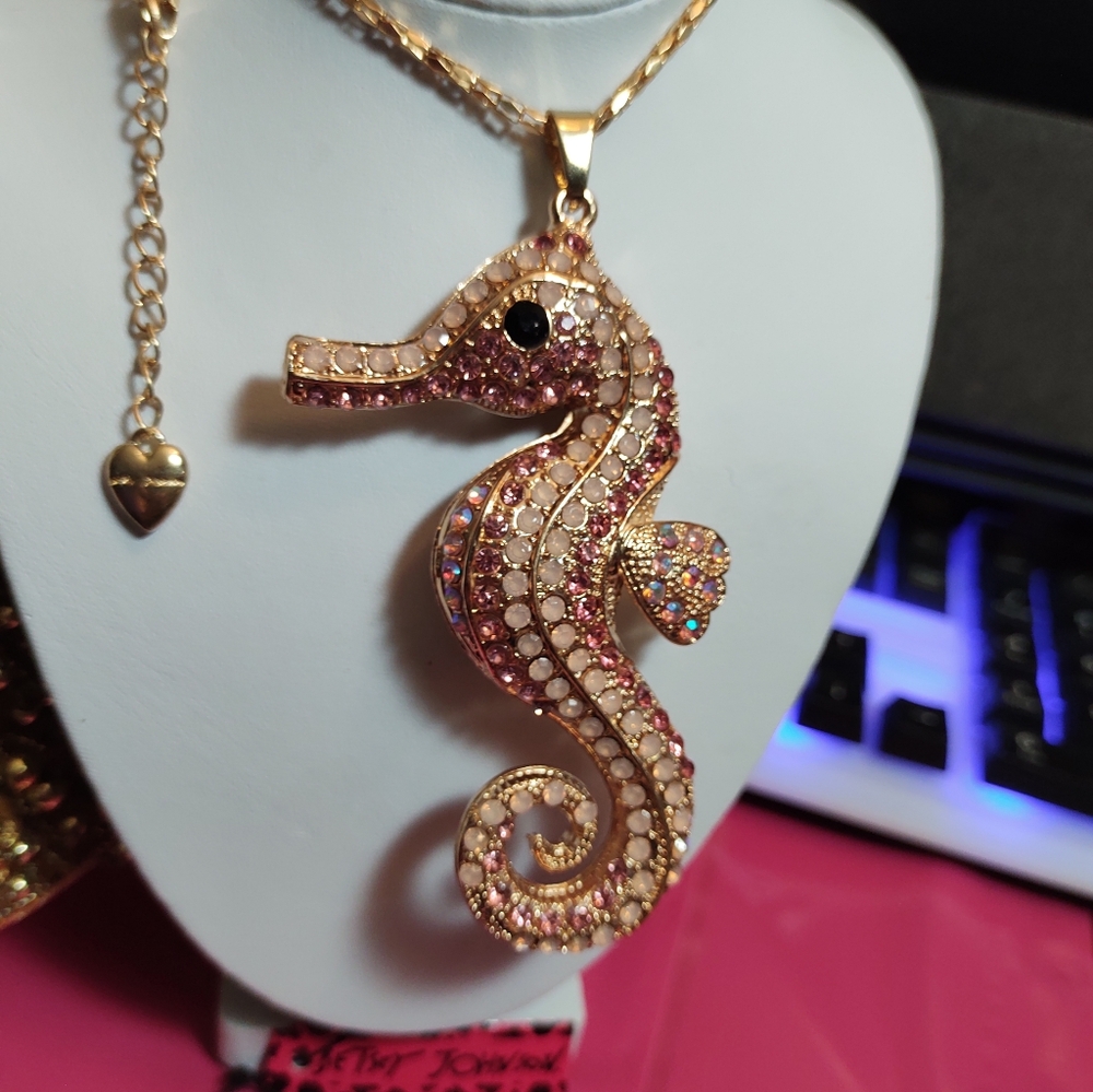- Betsey Johnson Pink  White Rhinestone Seahorse Necklace